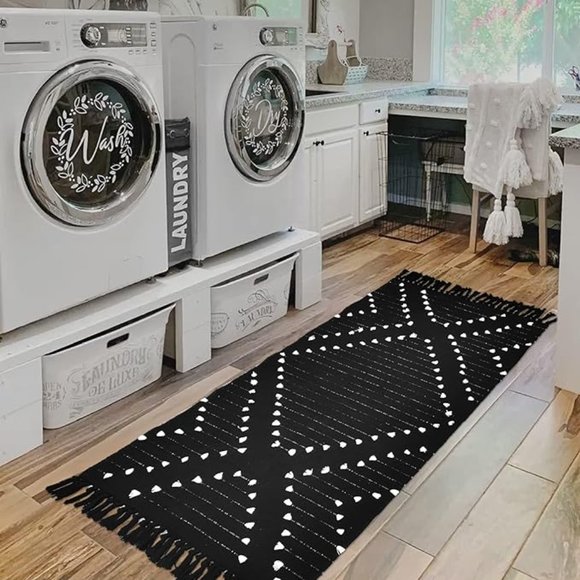 Boho Bathroom Runner Rug Black Geometric Washable Woven Cotton SIZE 2.3' X 5.3' - Picture 8 of 12